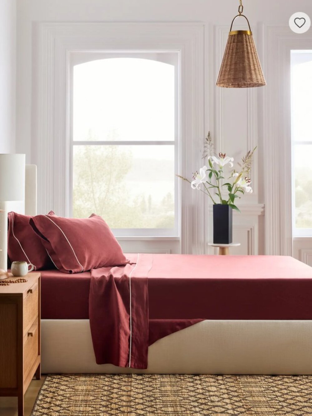 European Linen Piped Sheet Set, Quince Queen, Burgundy/White